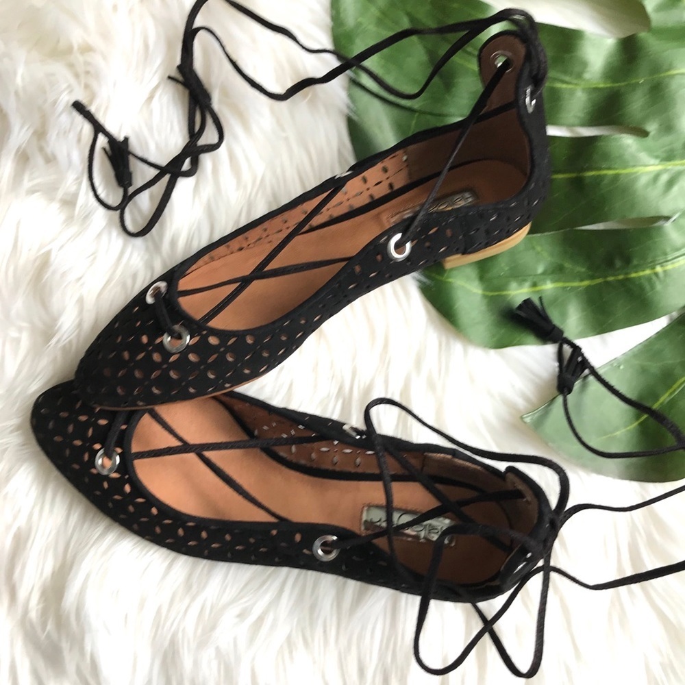 Black Suede Perforated Lace up Flats - Picture 4 of 10